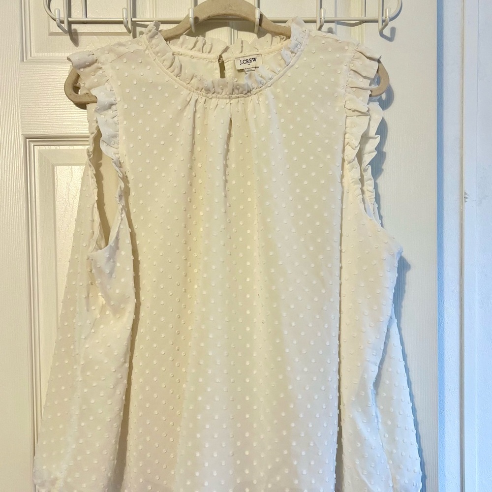 J Crew White Ruffle Blouse with monochromatic polka dots